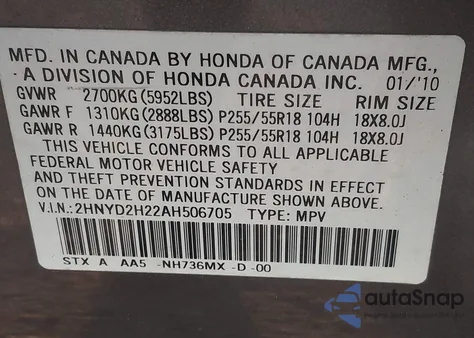 2010 Acura Mdx z USA, uszkodzony, nr VIN 2HNYD2H22AH506705